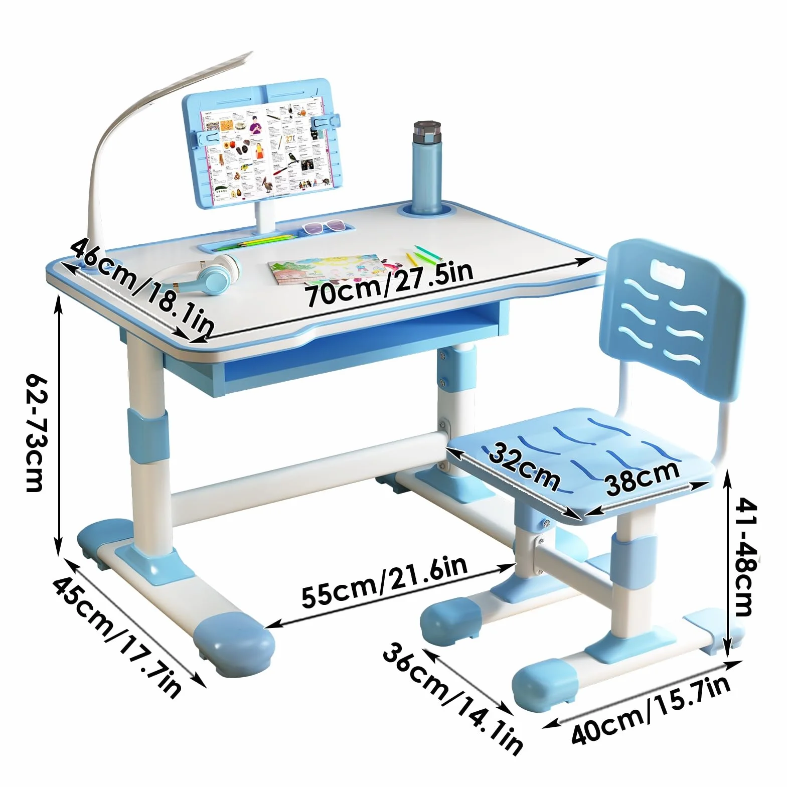Ensemble bureau et chaise réglable hauteur, support lecture inclinable, tiroir extra large, lampe LED pour enfants 3-18 ans, école, maison, bleu