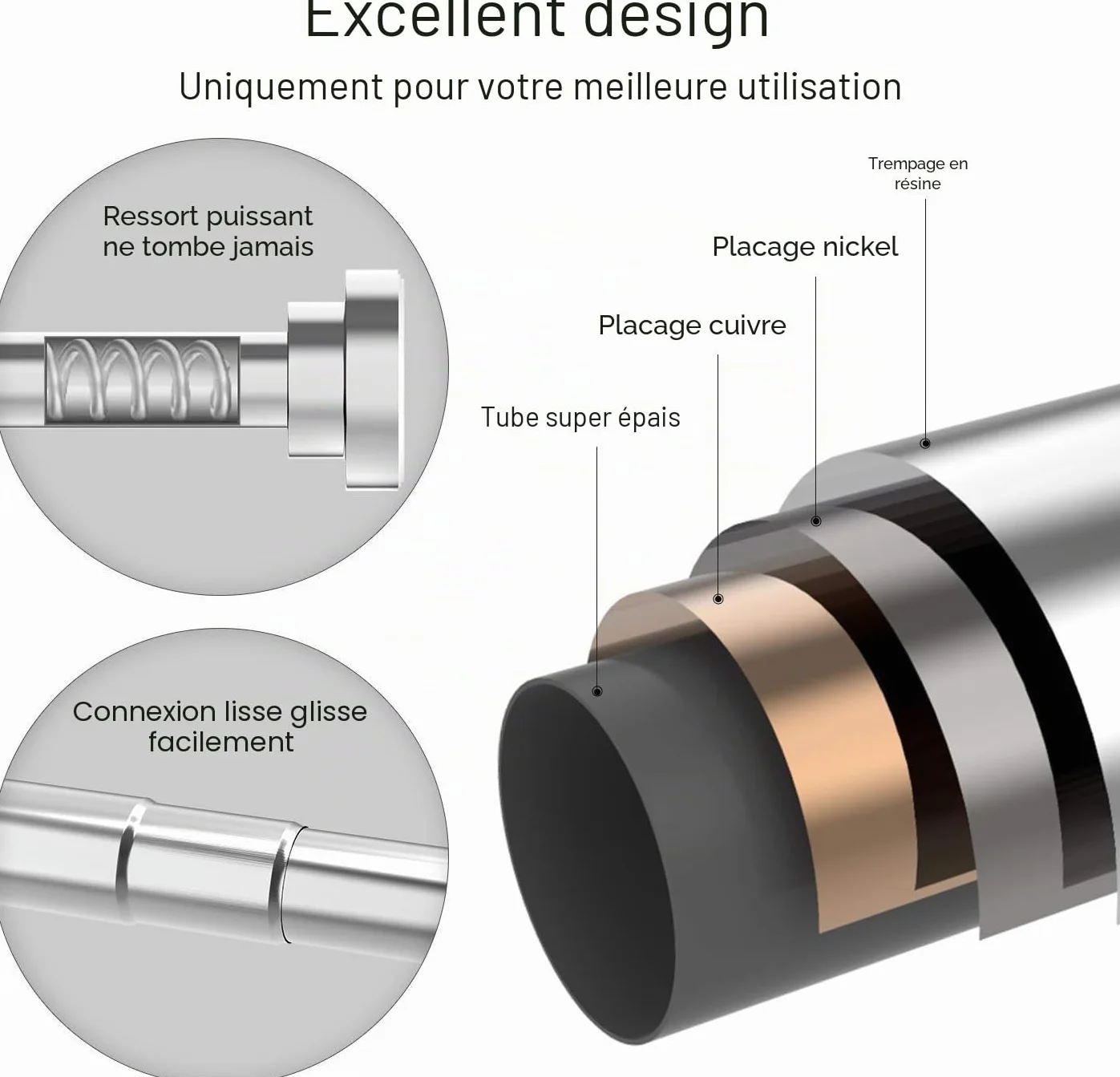 Tringle à rideau télescopique en acier inoxydable 50-200 cm Noir sans perçage