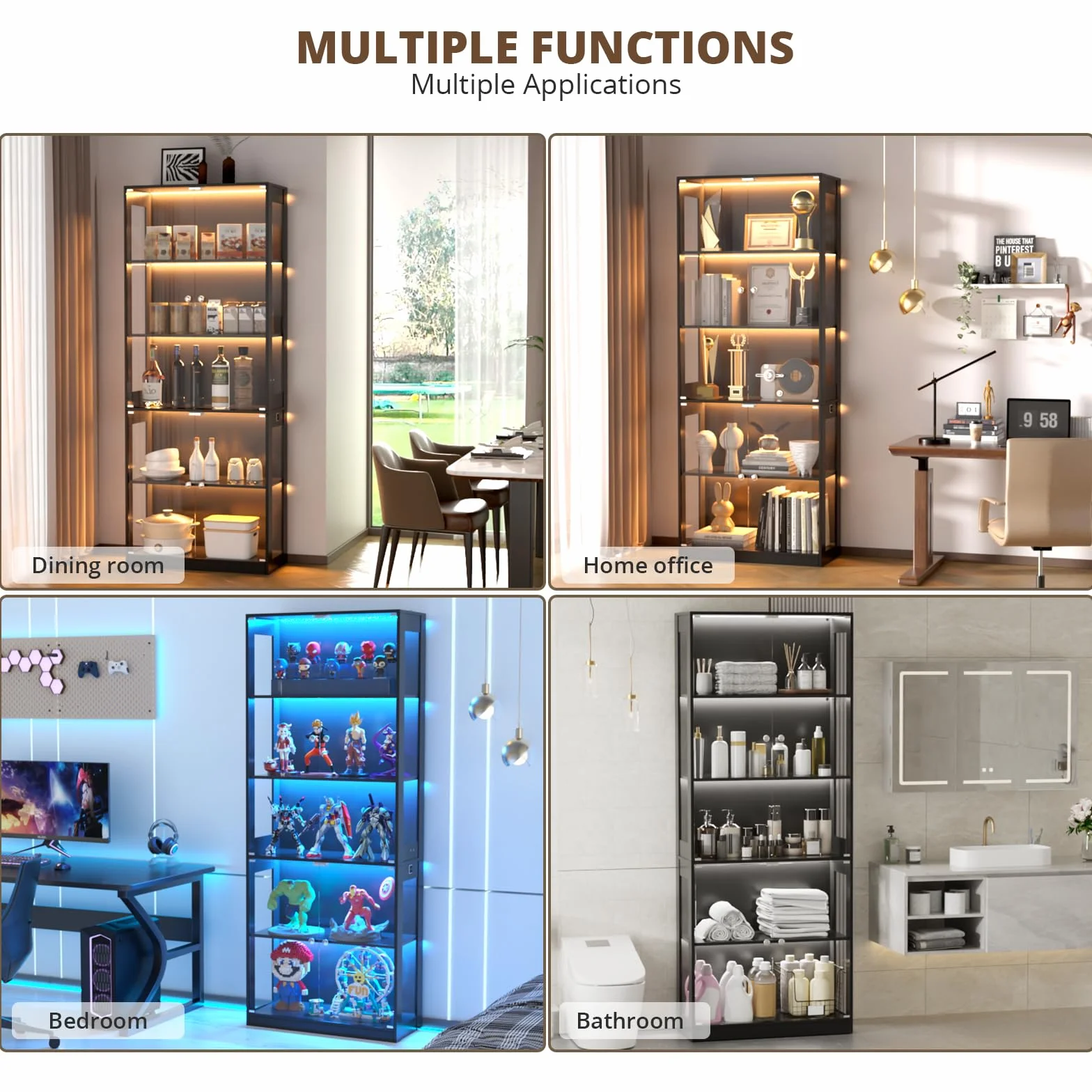 VOWNER Vitrine 5 étages en Verre avec éclairage LED 3 Couleurs, détecteur Intelligent, tablettes en Verre autonomes pour Figurines et Collection, Salon Chambre (Noir, 5 étages)
