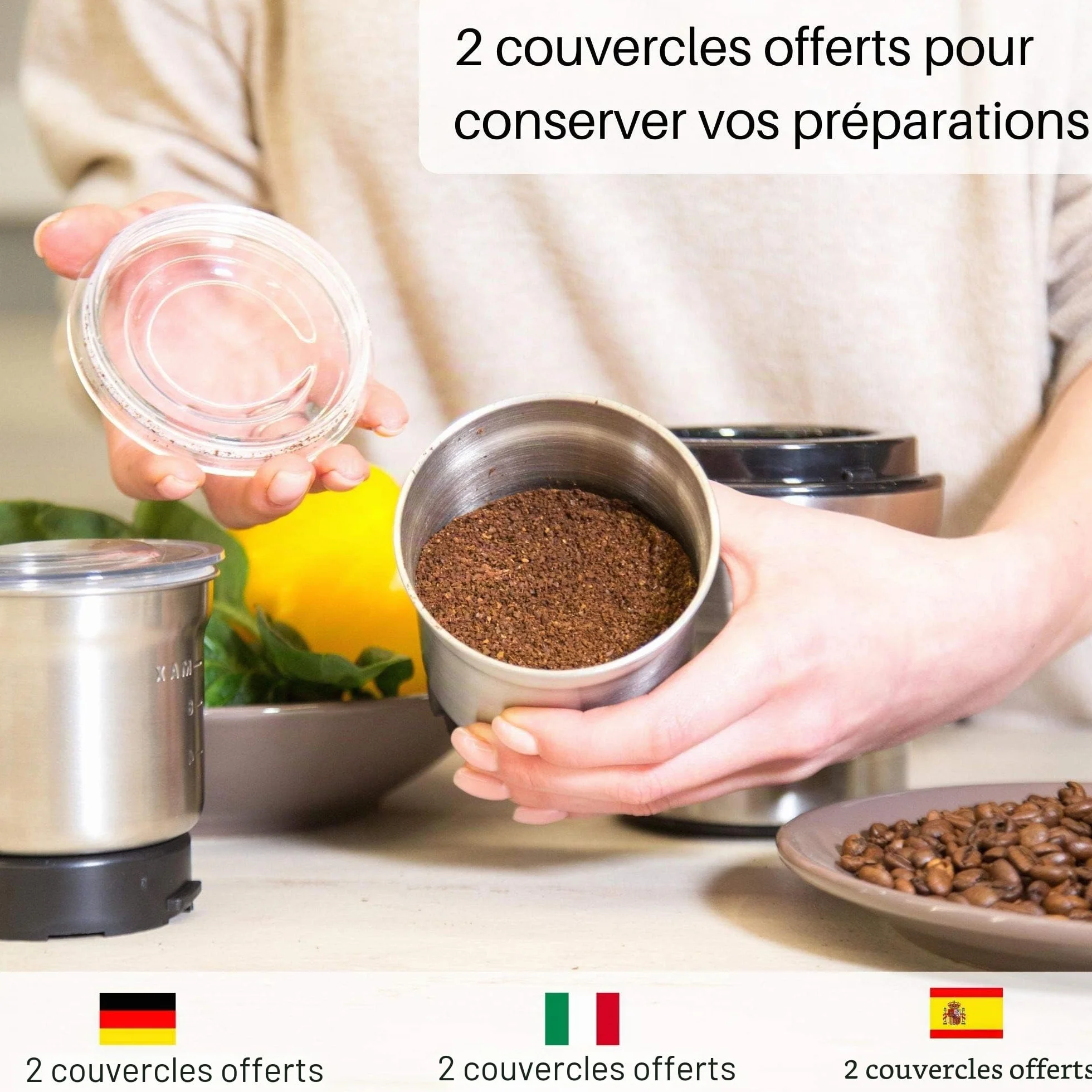 Moulin à café et mixeur électrique VeoHome broyeur pour grains de café, graine de lin et autres épices - inox