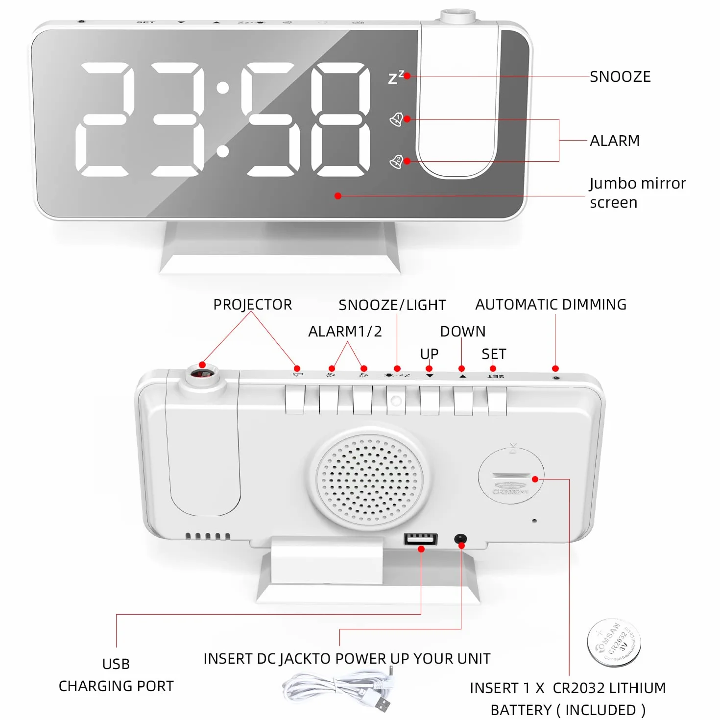 Réveil Projection Plafond Mur Alarme Double Snooze 12/24 H Charge USB Affichage LED Miroir 4 Niveaux Lumière Intensité Variable Blanc