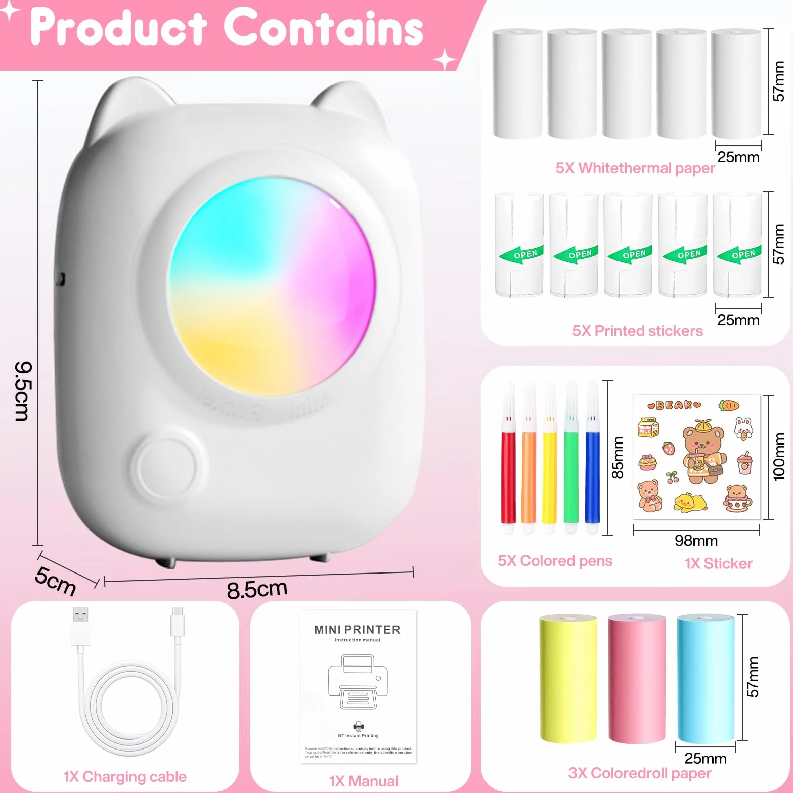 Mini Imprimante Photo Portable, Imprimante Thermique Instantanée sans Fil Bluetooth avec 14 Rouleaux de Papier pour iOS & Android