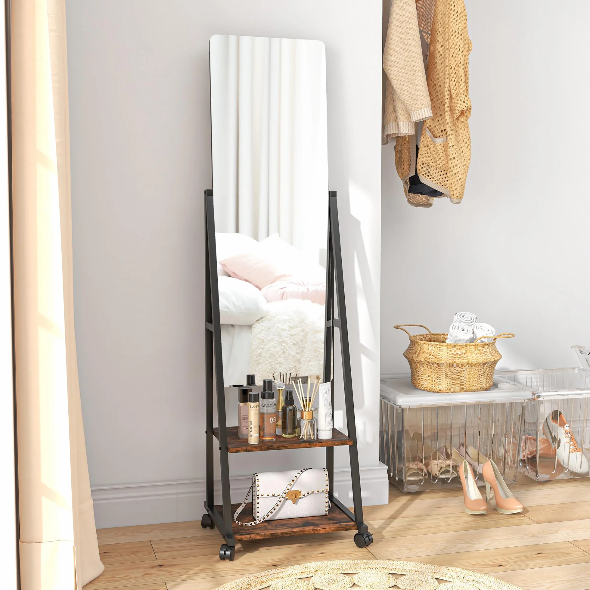 HOMCOM Miroir sur Pied rectangulaire avec Angle Ajustable, Miroir de Sol sur roulettes, 2 étagères, 4 Roues, 42x37x155 cm, Noir et Brun Rustique