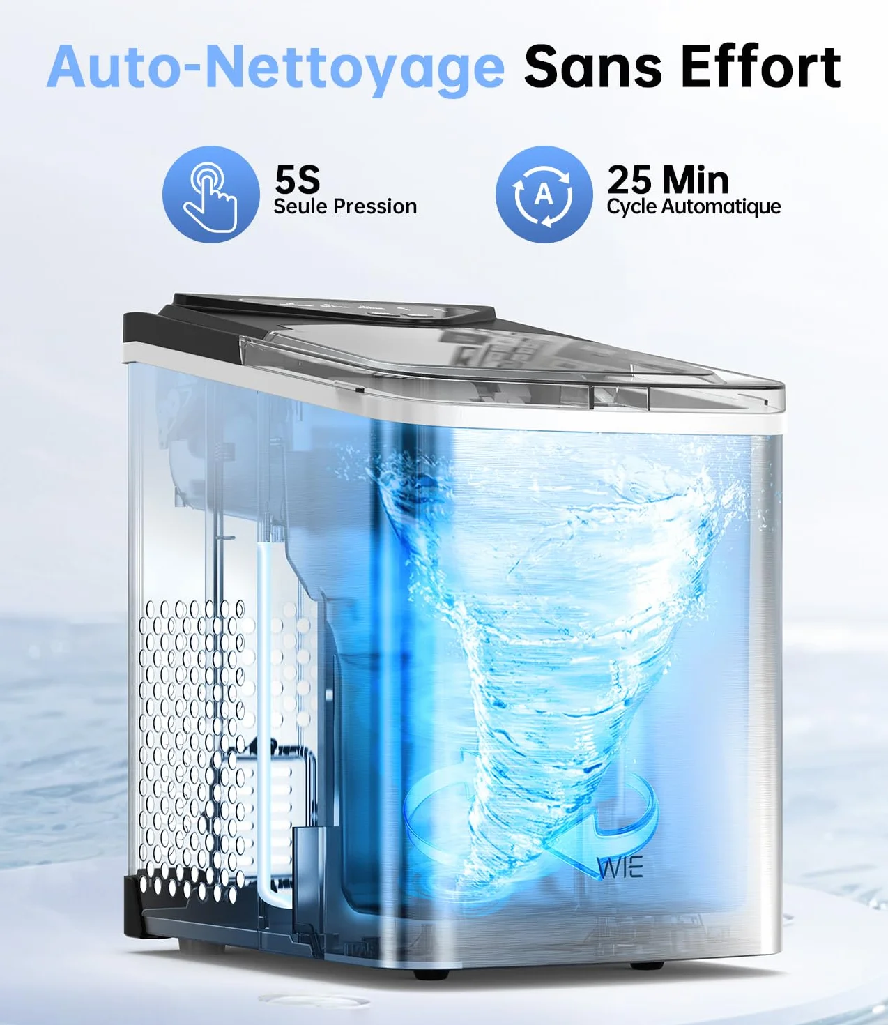 WIE Machine à glaçons, 15 kg de glaçons Ice Maker, 9 cubes en 6 min, Machine à glaçons avec poignée portable, Argent, Machine à glaçons pour la maison/cuisine/bureau/camping-car