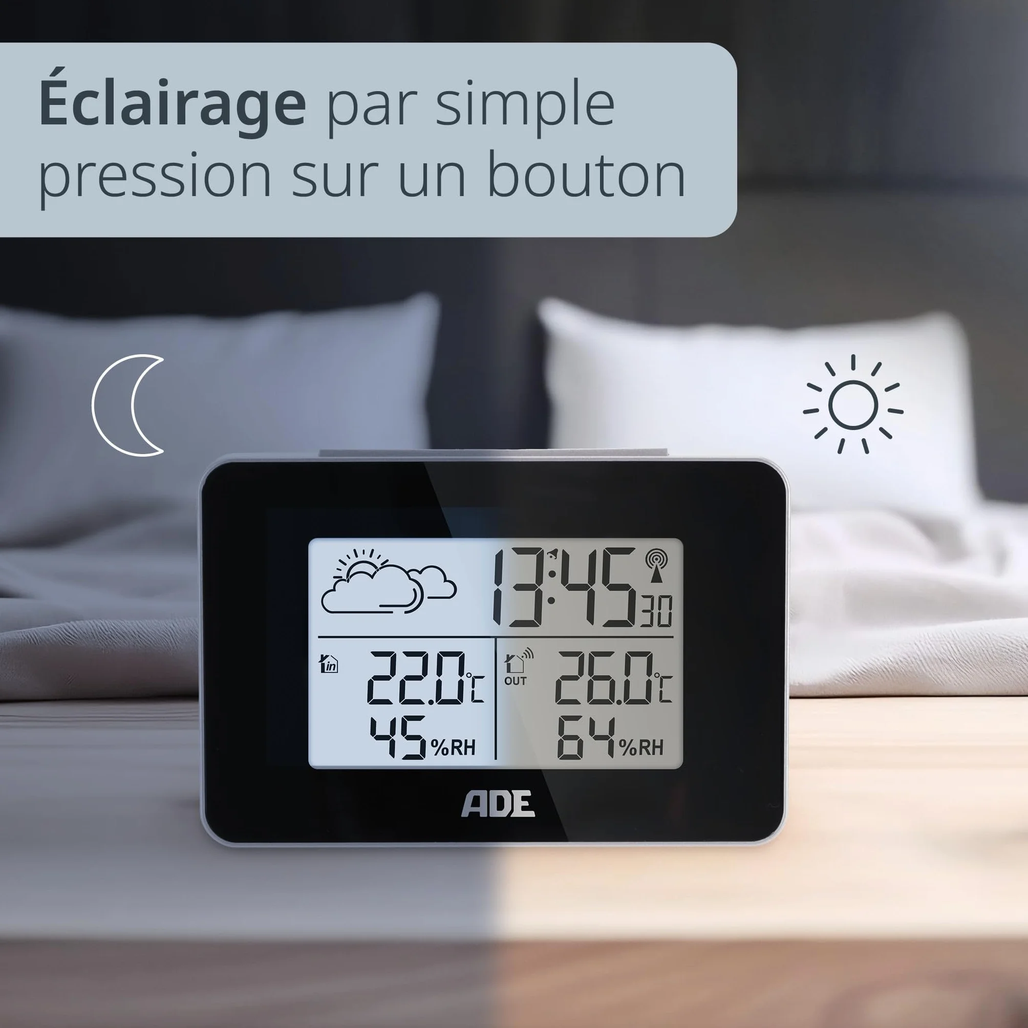 ADE Station météo intérieur avec capteur extérieur thermomètre hygromètre horloge DCF alarme écran LED noir