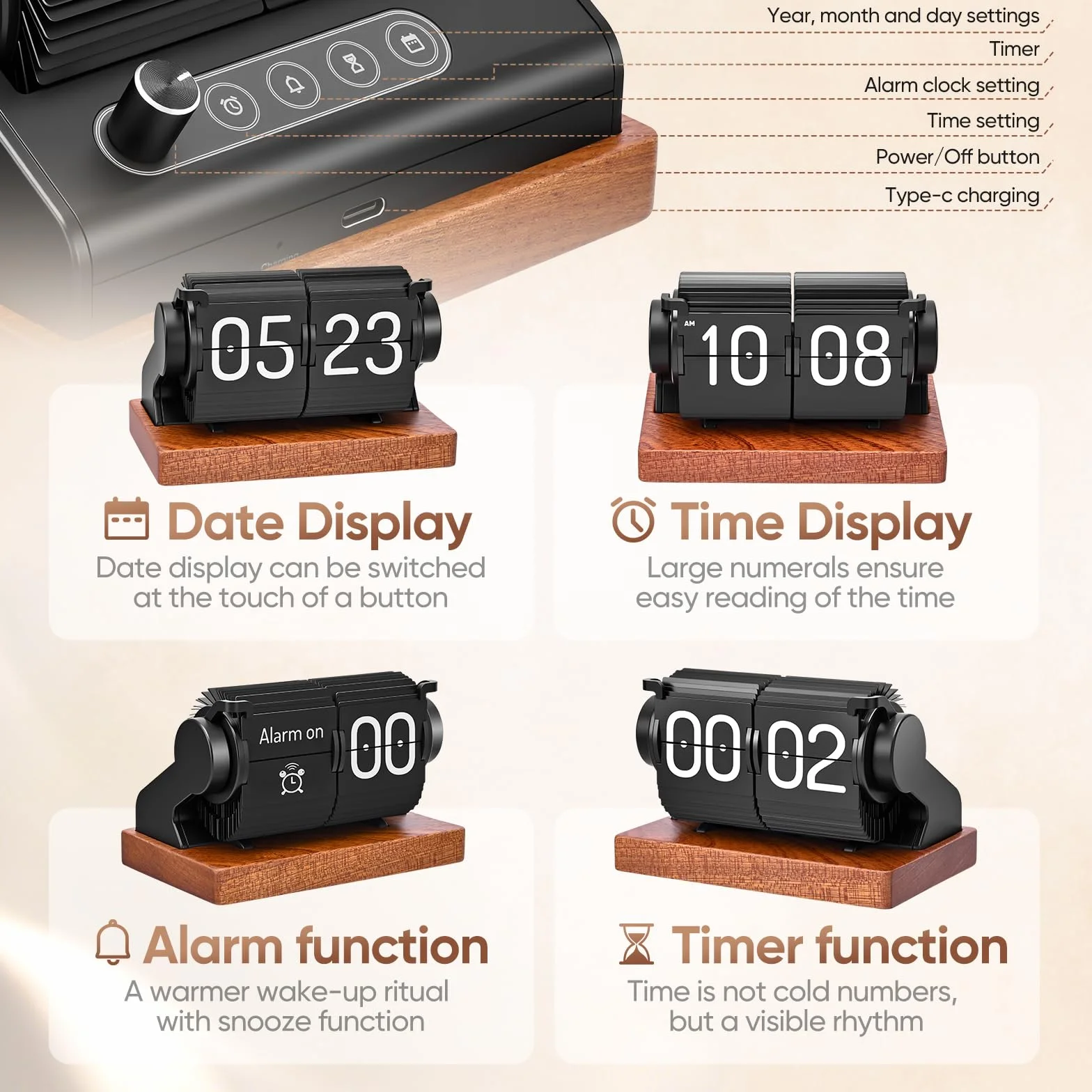 Horloge à rabat rétro - Réveil numérique USB C - Grand nombre - Horloge de bureau mécanique vintage - Rotation automatique - Réveil numérique radio-piloté