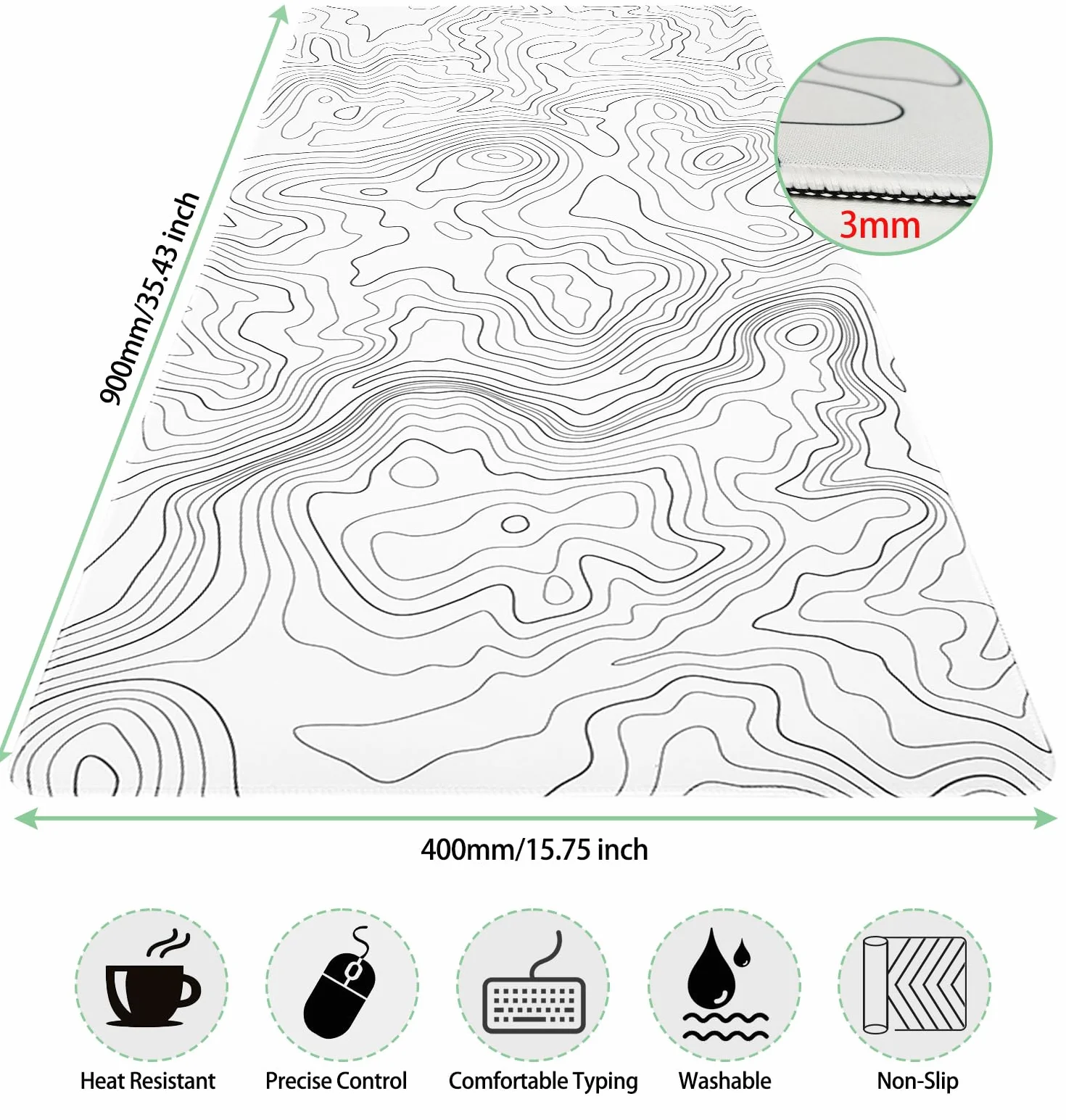 Niviy Tapis de Souris XXL 900x400mm Topographique Gaming Ergonomique Antidérapant Blanc Bords Cousus 3mm