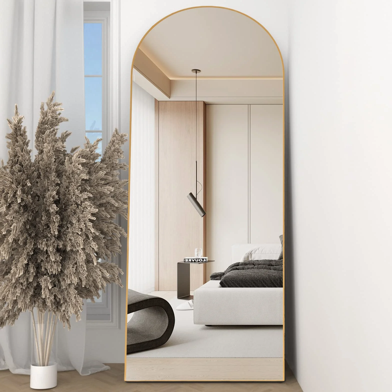 Grand Miroir Pleine Longueur Arqué 162 x 53 cm Doré Mural avec Support Suspendre ou Appuyer