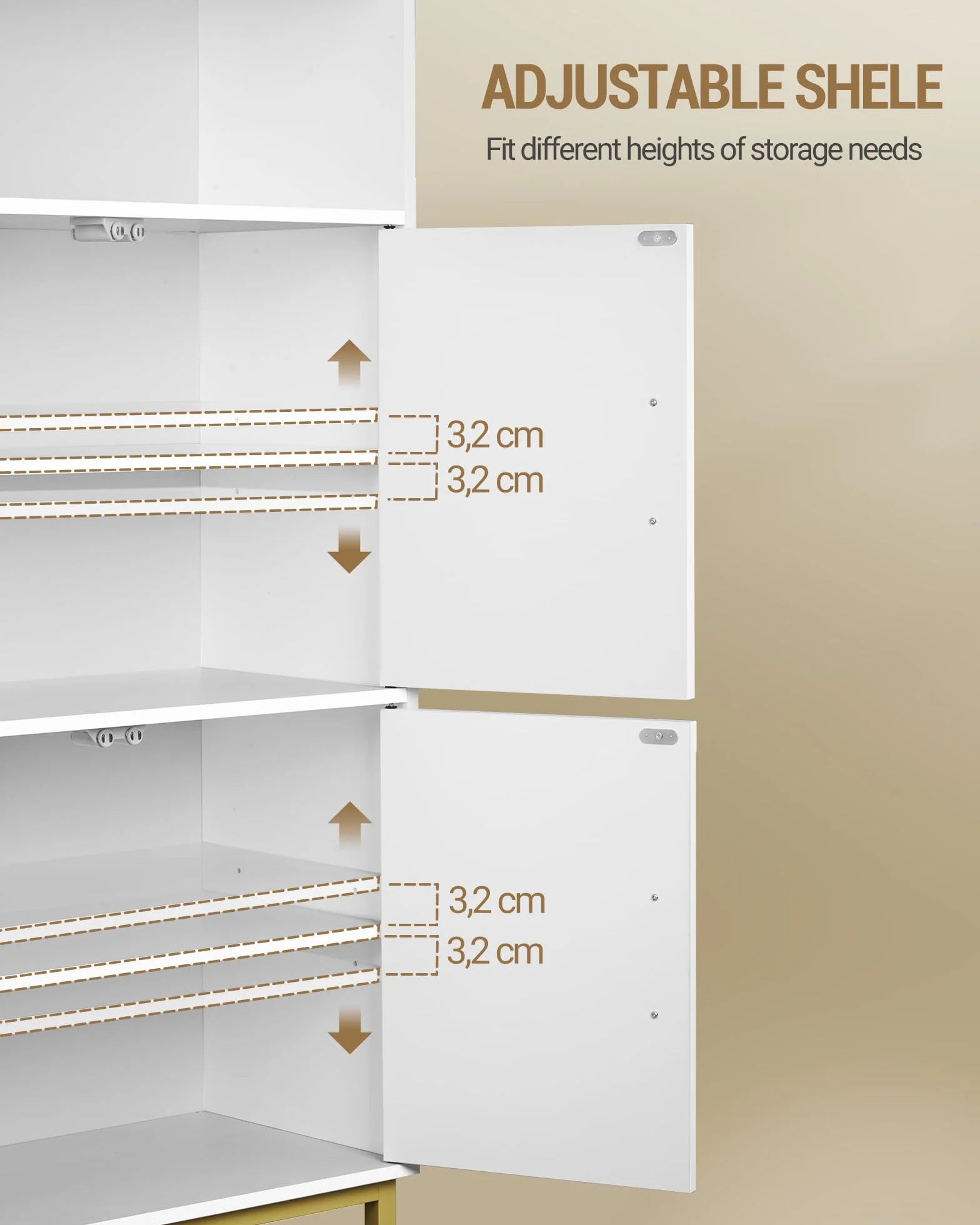 Hzuaneri Meuble Salle de Bain, Armoire de Rangement, Placard Cuisine avec 4 Portes et 1 Espace Ouvert, Armoire de Rangement, Étagères réglables, Salle de Bain, 30 x 60 x 120 cm, Blanc-Or SC45613G