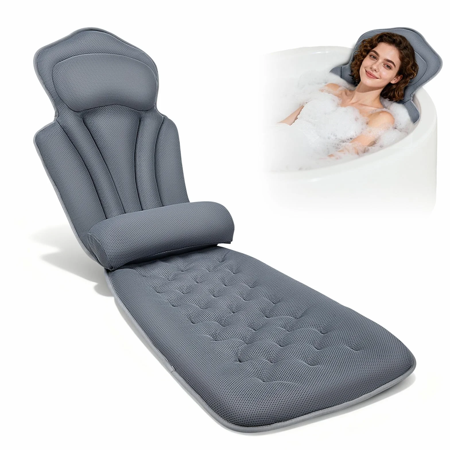 Oreiller de Bain avec Soutien Lombaire renforcé · 144 ventouses · Ensemble Oreiller de Bain 4D Moelleux avec Appui-tête et Oreiller supplémentaire Amovible · 133 x 41 cm ·(Gris)