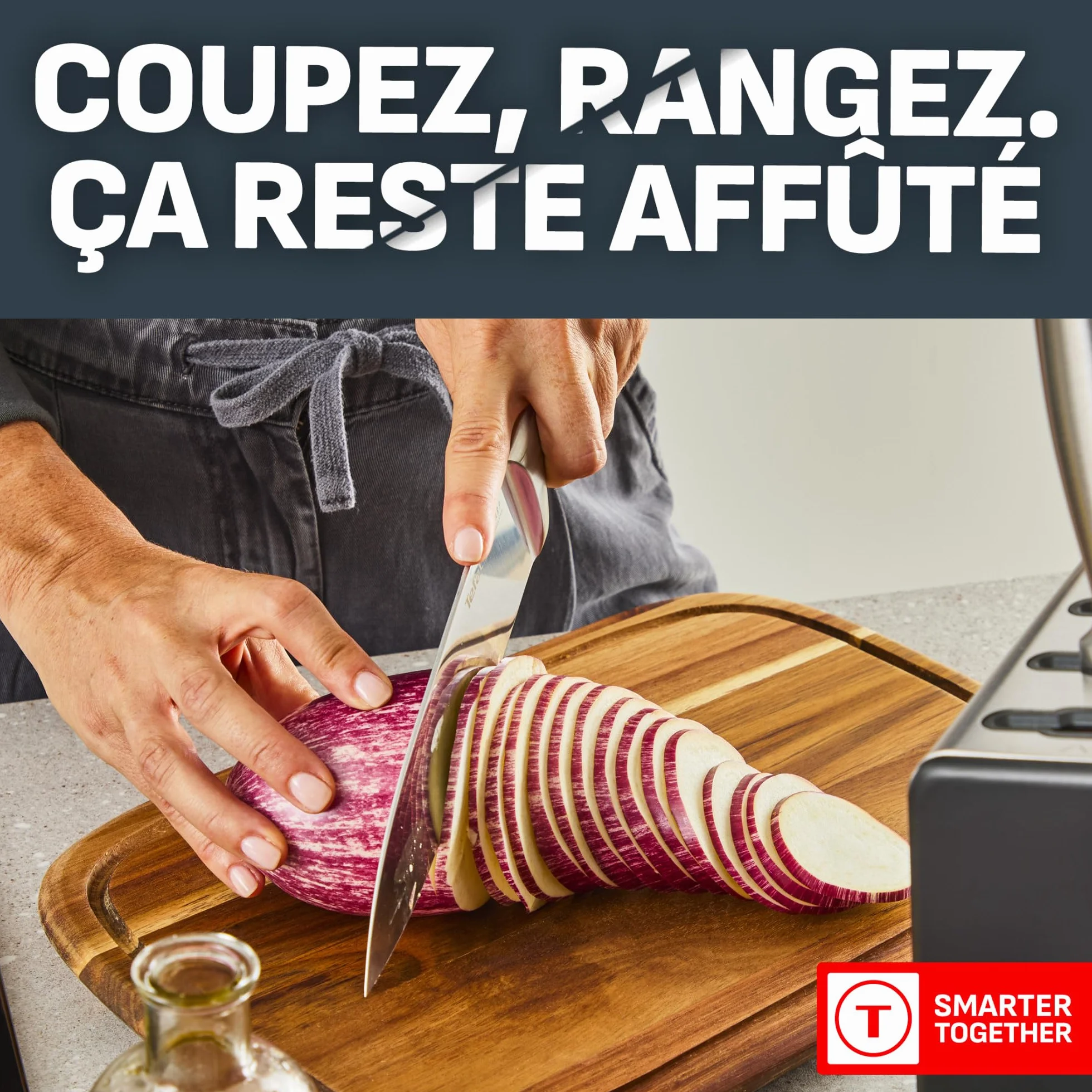 Tefal EverSharp, Set de 5 couteaux en acier inoxydable, Bloc avec affûteur intégré, 5 couteaux, Tranchant durable, K2976S04