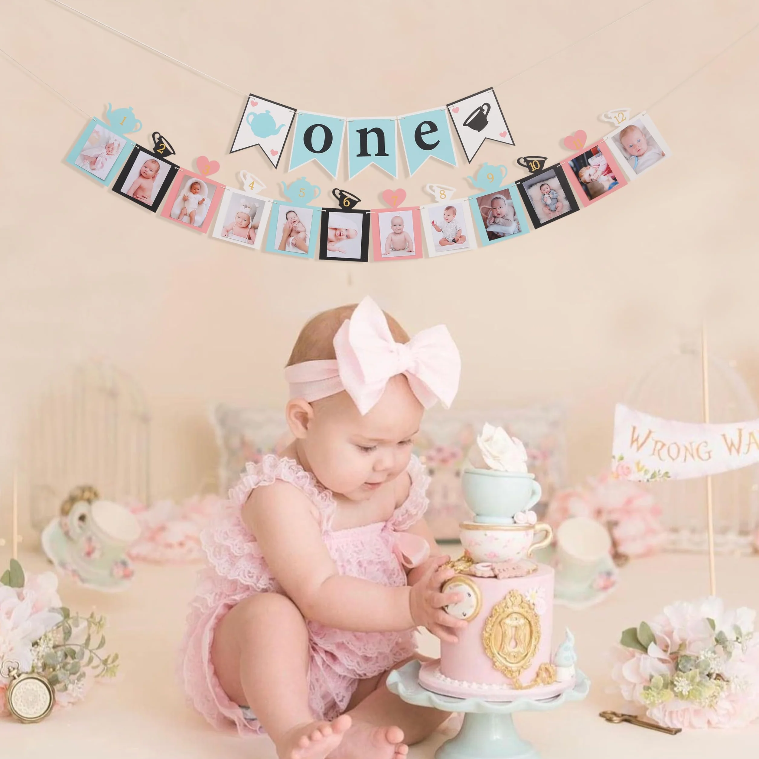 WAWUO Bannière Alice in ONEderland, décoration de 1er anniversaire