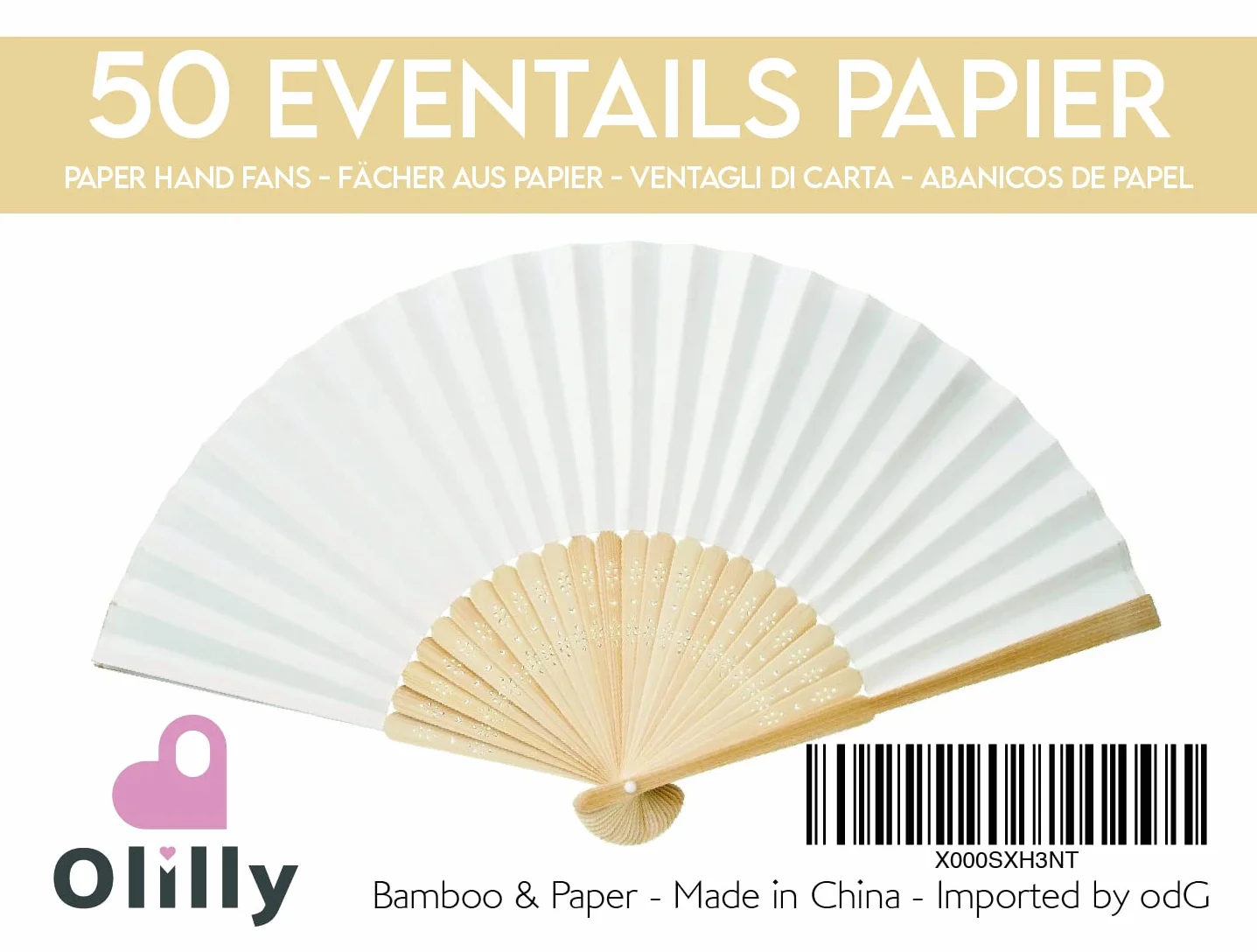 OLILLY - 50 Eventails Blancs en Papier et Bambou pour Invités - Mariage, Fête, Evènement en Extérieur... (Blanc, 50 Eventails)