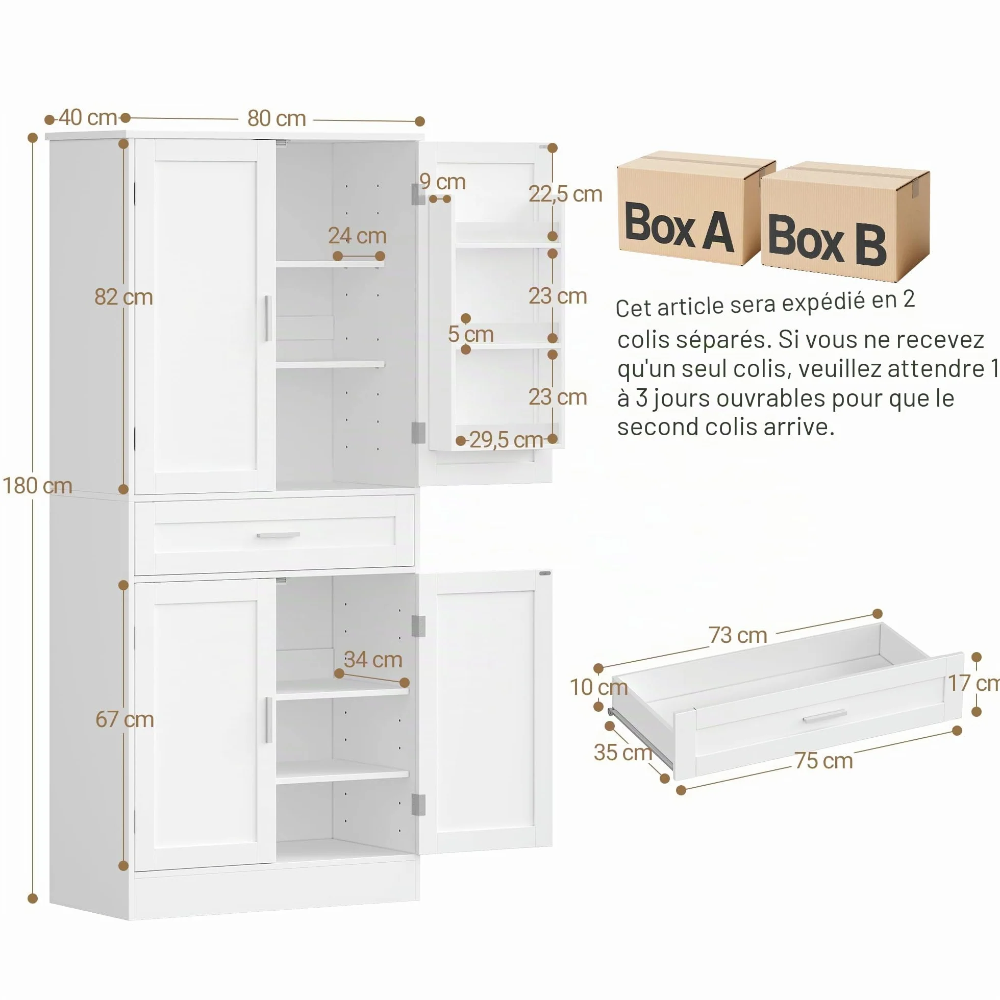 Hzuaneri Meuble Cuisine, Buffe Haute avec Porte-étagère 6 Niveaux, Meuble de Rangement avec 4 Portes et 1 Grand Tiroir, Style Moderne, Cuisine, Salon, 40 x 80 x 180 cm, Blanc PT21003X