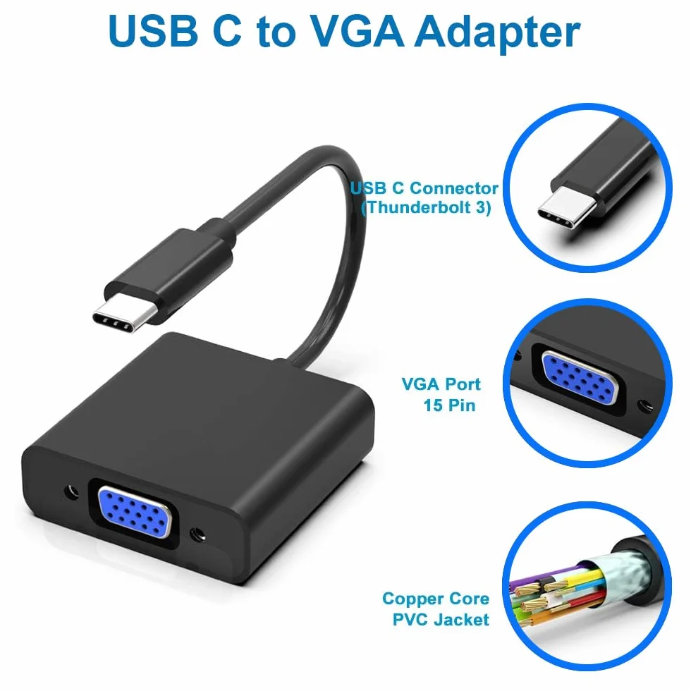 MMOBIEL USB Type C (Thunderbolt 3) do VGA Adapter Mężczyzna do żeńskiej 1080p HDTV HDMI Kompatybilny z MacBook 2019-2016 / PC Laptop Notebook Projector Monitors Laptop (czarny)
