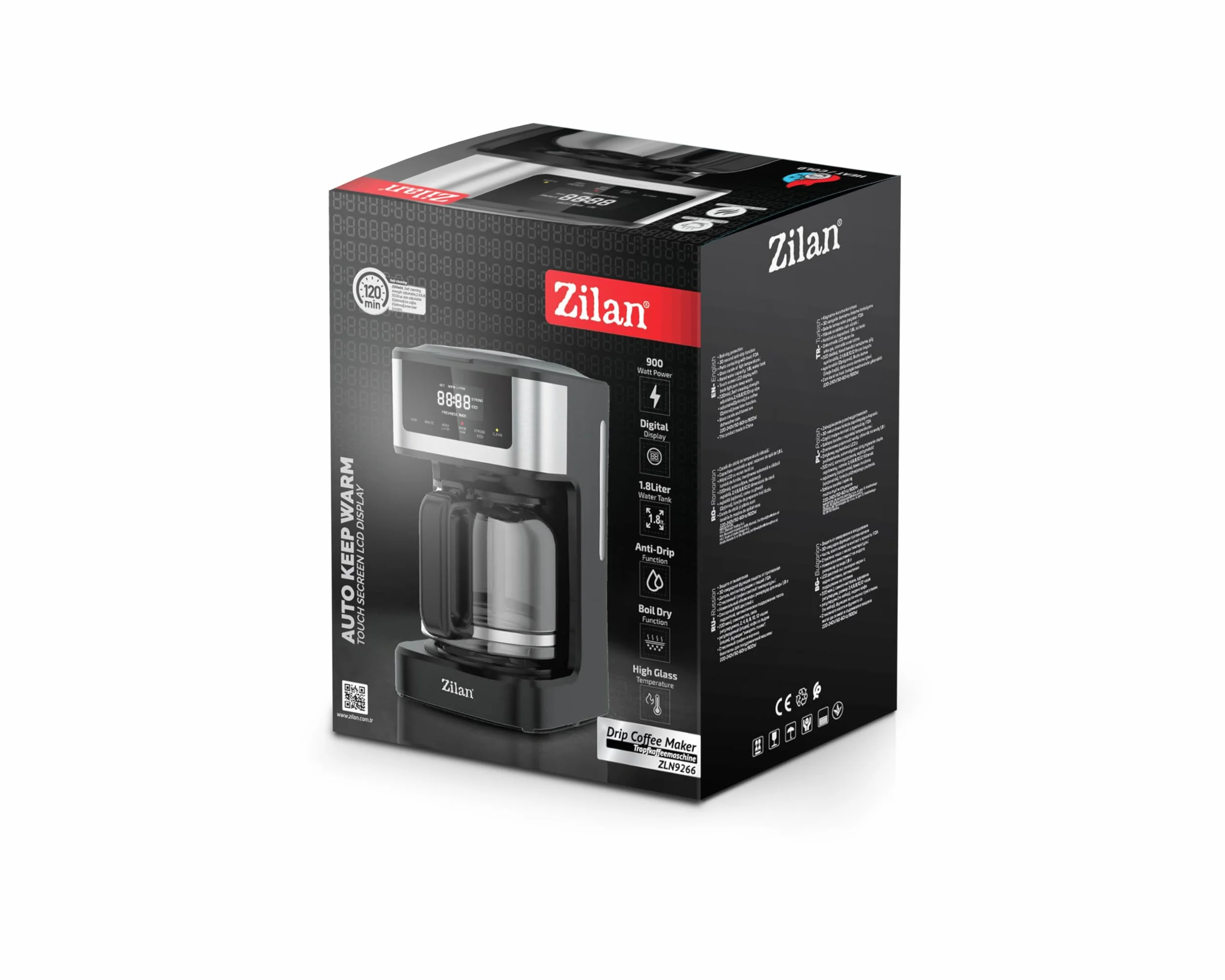 Zilan Cafetière Filtre Programmable 1,8 L – 900 W – Écran LCD Tactile, 2 à 14 Tasses, Fonction Maintien au Chaud, Verseuse en Verre, Noir