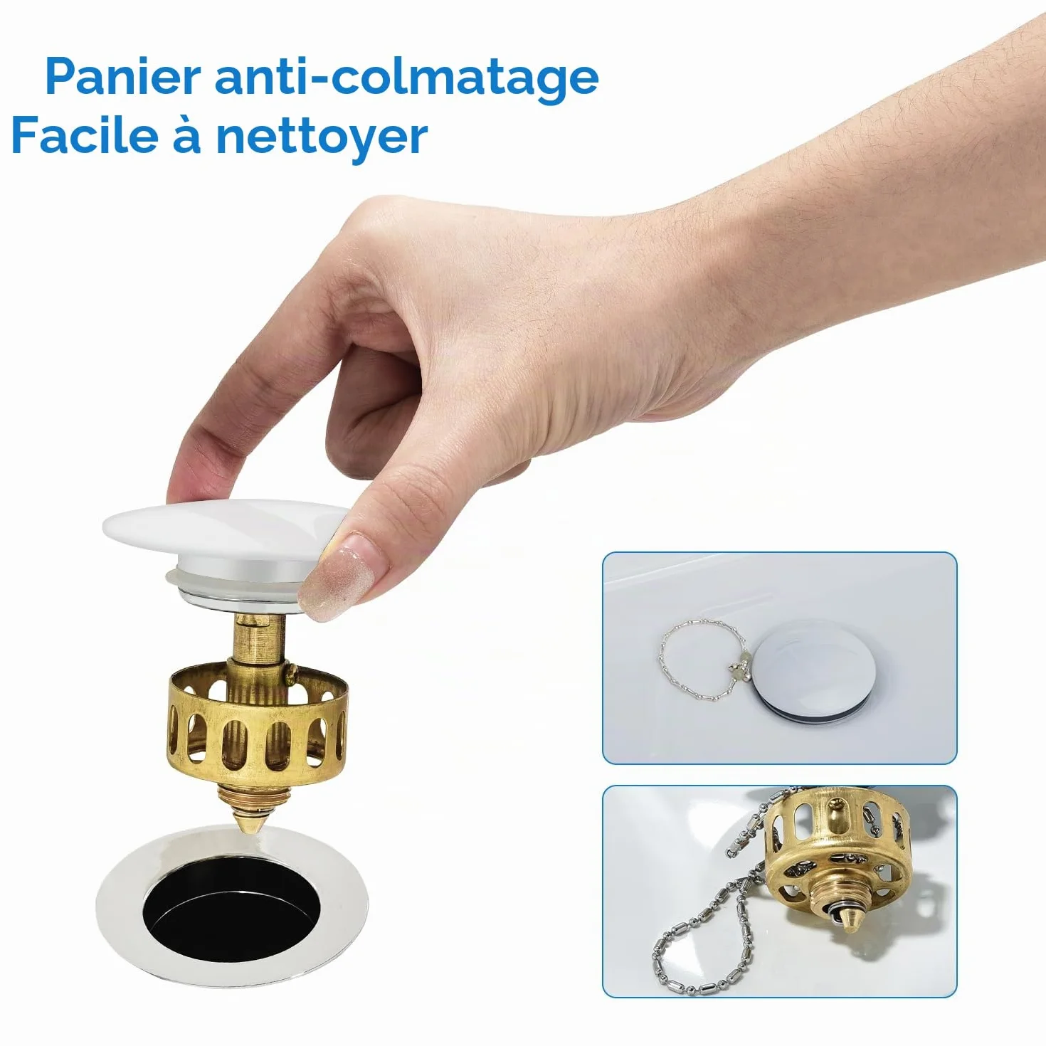 Bonde de Lavabo Blanc Céramique Clic Clac avec Panier Filtrant, Universel G 1 1/4