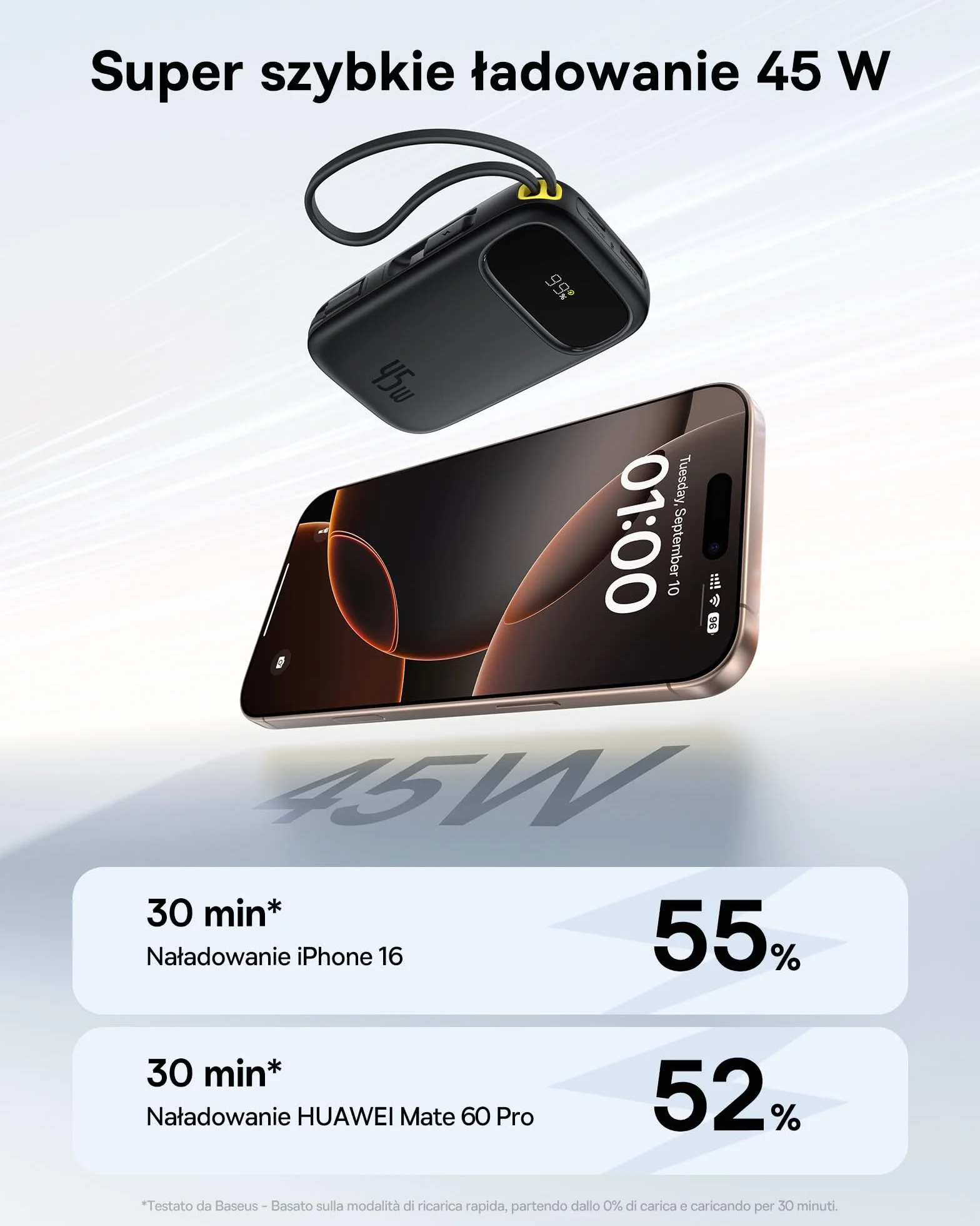 Baseus QPow3 Powerbank 45 W, 20 000 mAh, z 2 wbudowanymi kablami USB-C, Power Bank PD3.0 QC4.0, 3 USB C i 1 USB A, zewnętrzne akumulatory do telefonów komórkowych iPhone 16/15 Pro Max, iPad, Galaxy