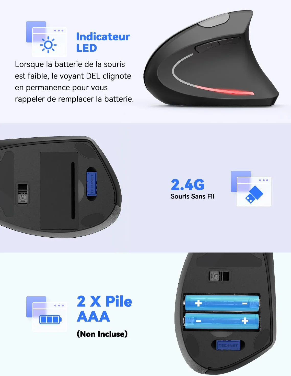 TECKNET Souris Ergonomique sans Fil 2.4G, Silencieuse Verticale 4800 DPI Réglable 6 Boutons LED