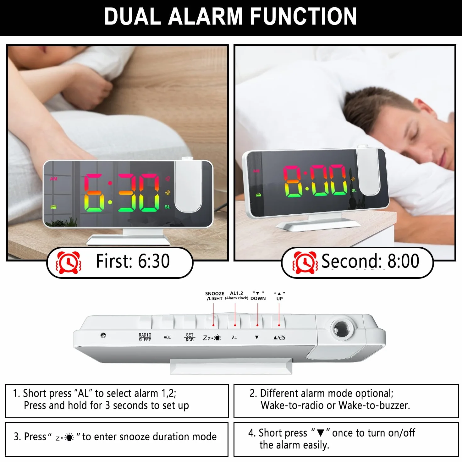 Réveil avec Projection Numérique RGB Horloge Colorée pour Chambre