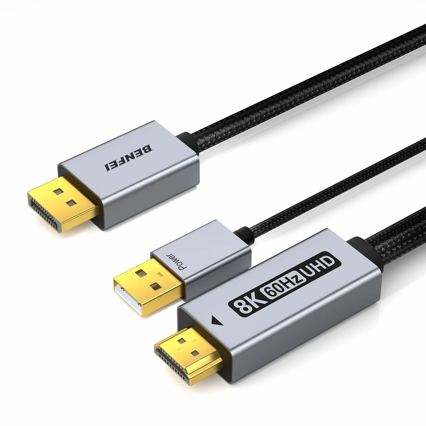BENFEI Kabel DisplayPort 1.4 do HDMI 2.1 1.8 m 8K przy 60 Hz 4K przy 240 Hz/165 Hz/144 Hz/120 Hz, jednokierunkowy DP (źródło) do HDMI (wyświetlacz) z zasilaczem USB 5V/1A, obsługuje HDR/DSC/HDCP 2.3