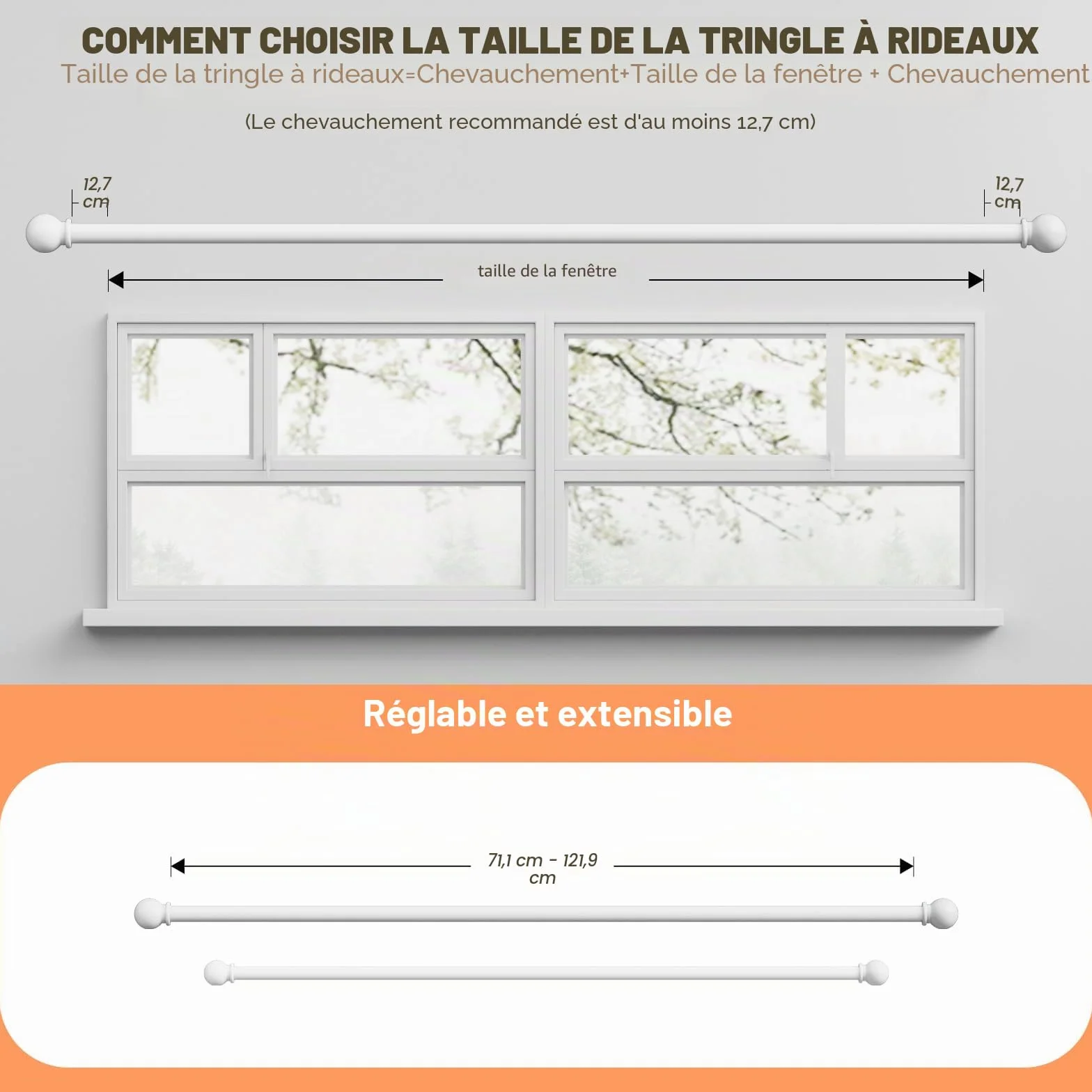 Tringle à Rideau Extensible 80-120 cm 16mm avec Embouts à Boule (Blanc)