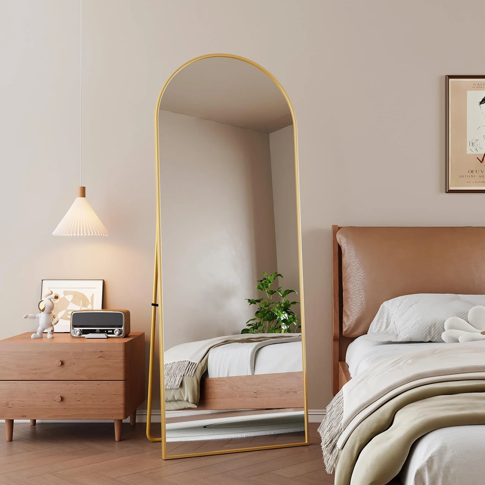 Miroir complet cadre aluminium doré 162 x 53 cm suspendre mur poser coins arrondis