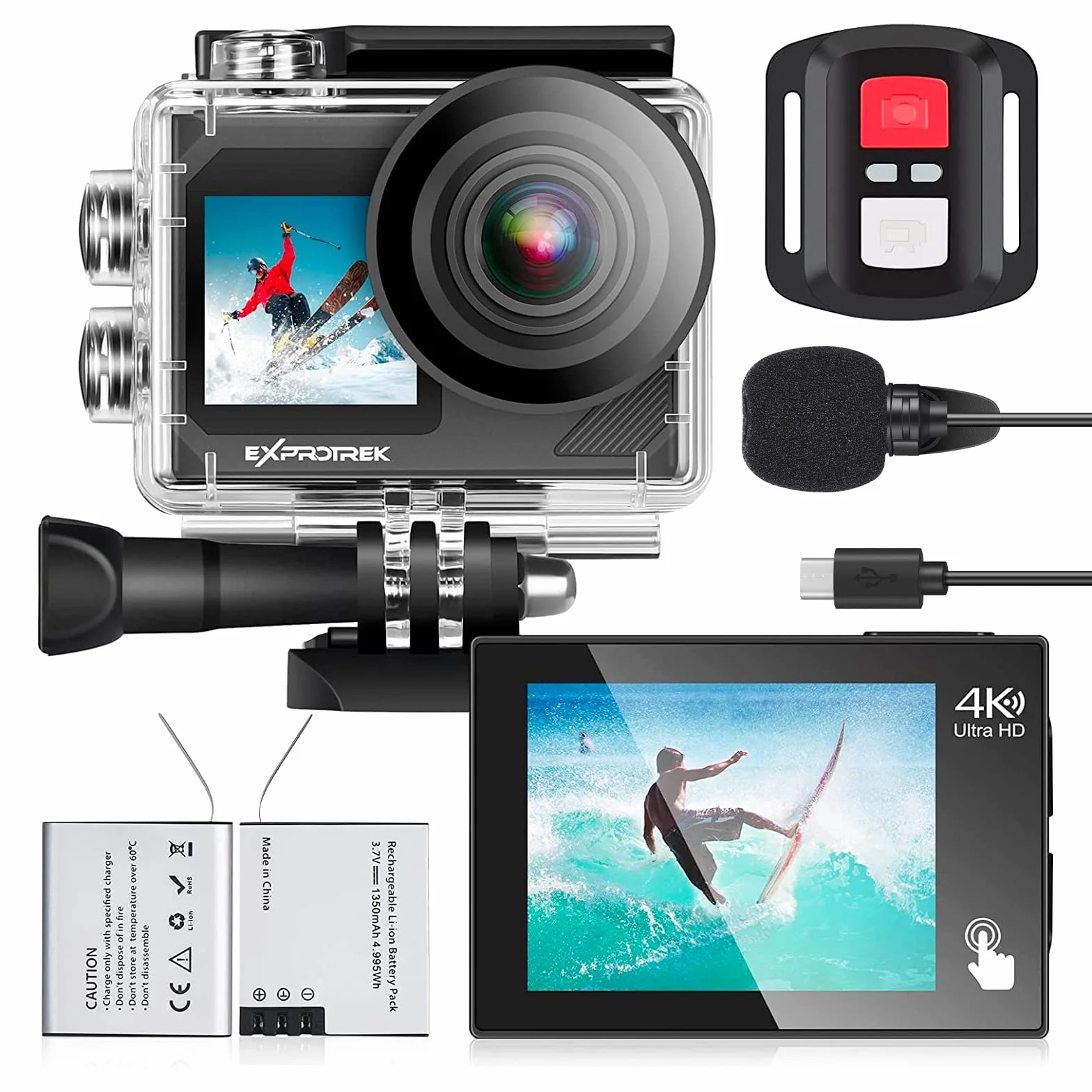 E-A-F Kamera sportowa, 4K 30 kl./s, Ultra HD, wodoszczelna kamera podwodna 40 m, WiFi, ultraszerokokątny kąt 170°, pilot zdalnego sterowania, 2 akumulatory i zestaw akcesoriów do kasku