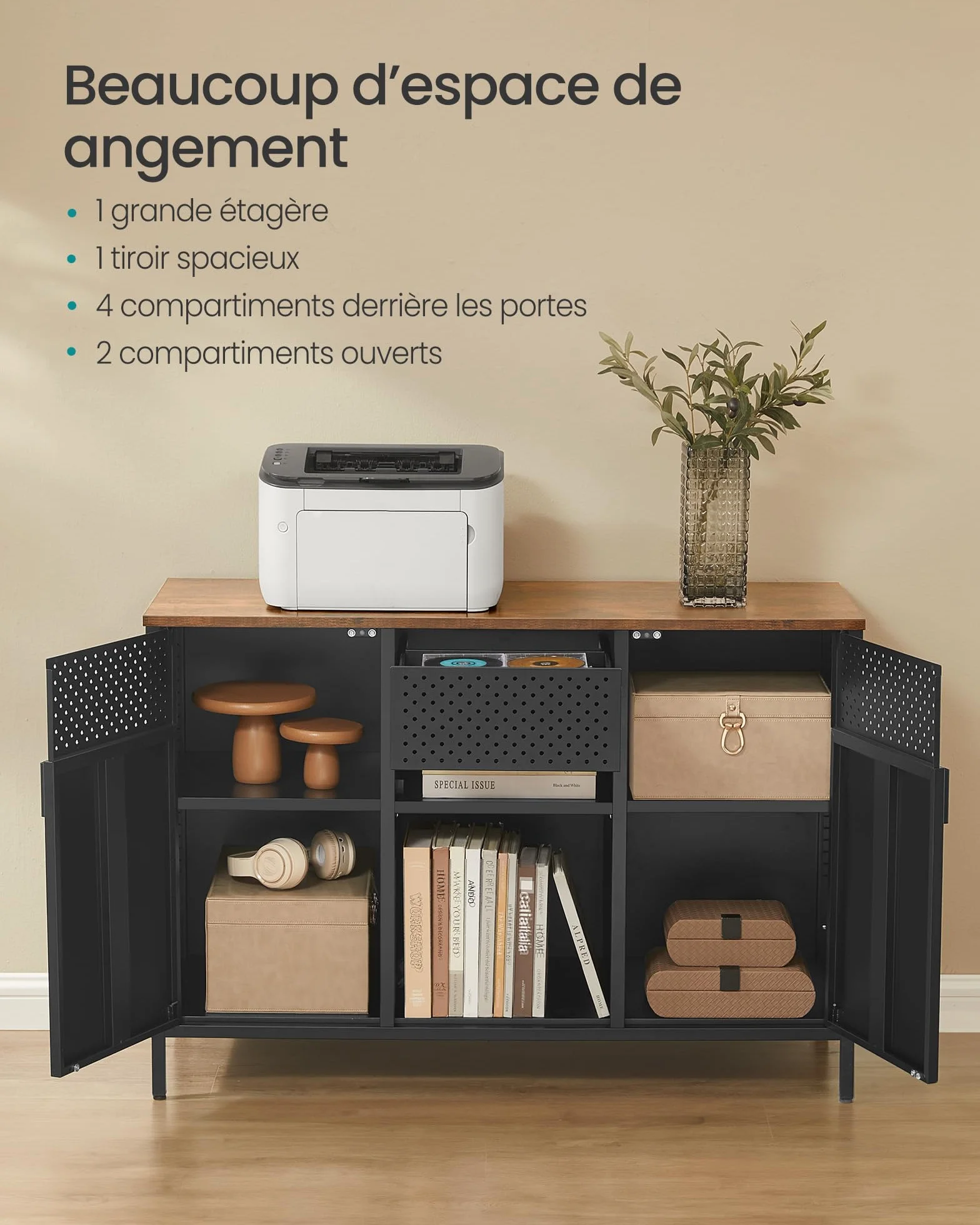 SONGMICS Meuble de Rangement, Buffet, Meuble en Métal, Placard à Double Portes, Fermeture Magnétique, Étagères Réglables, Cadre en Acier, Marron Rustique et Noir Mat LSC204B01