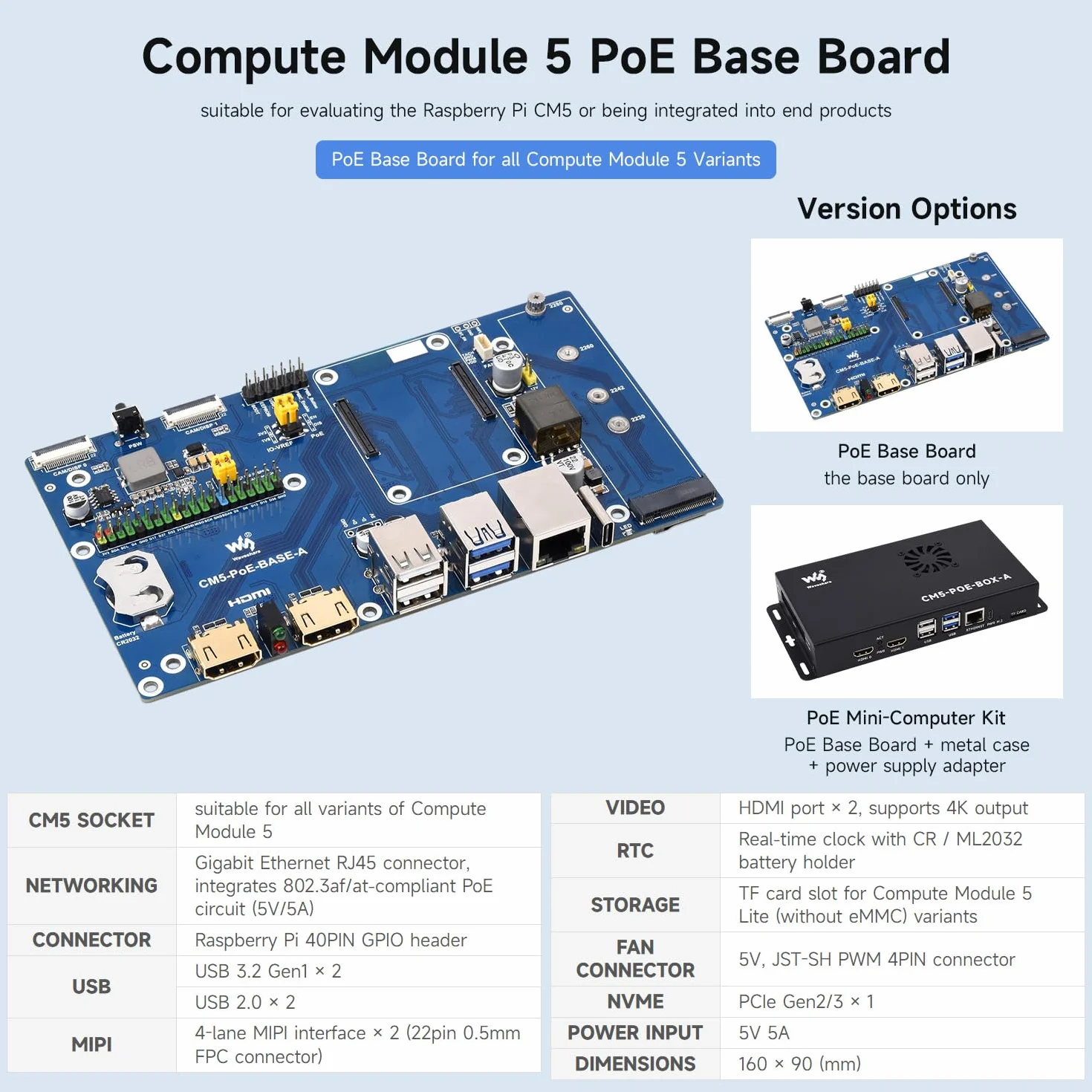 Waveshare Compute Module 5 IO Board, Compatible with All Variants of Raspberry Pi CM5, with PoE Feature, Bundle with PoE Base Board + Case + Power Supply Adapter