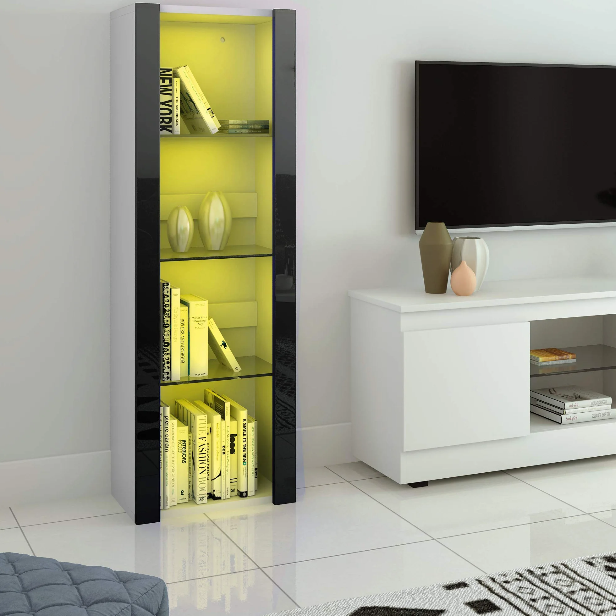 Panana Vitrine Lumières LED Meuble de Rangement avec Etagères sur Salon, Bureau, 55 x 35 x 166 cm (Noir+Blanc)